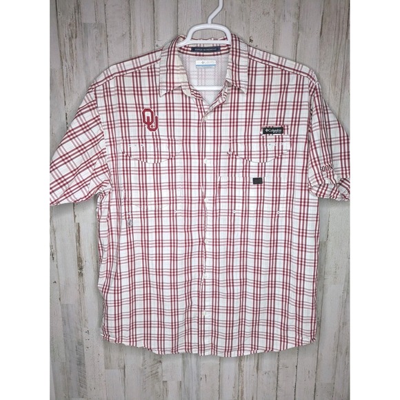 Columbia PFG Super Bonehead OU Fishing Shirt Men's L Red/White Plaid Sooners - Picture 1 of 11